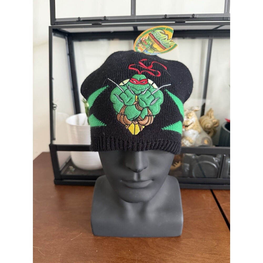 VTG Teenage Mutant Ninja Turtles Black Green Knit Beanie Hat Raphael TMNT NEW